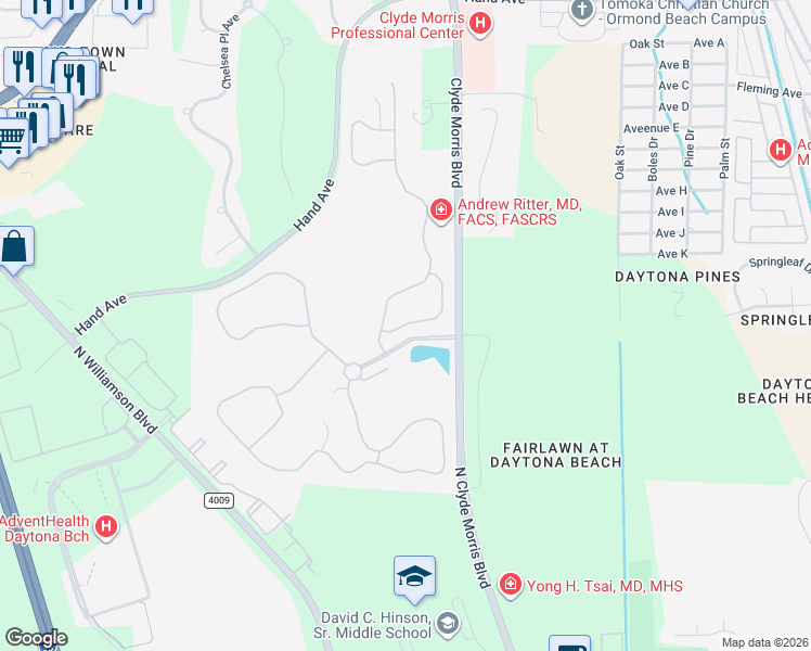 map of restaurants, bars, coffee shops, grocery stores, and more near 2-70 Allwood Green Boulevard in Ormond Beach