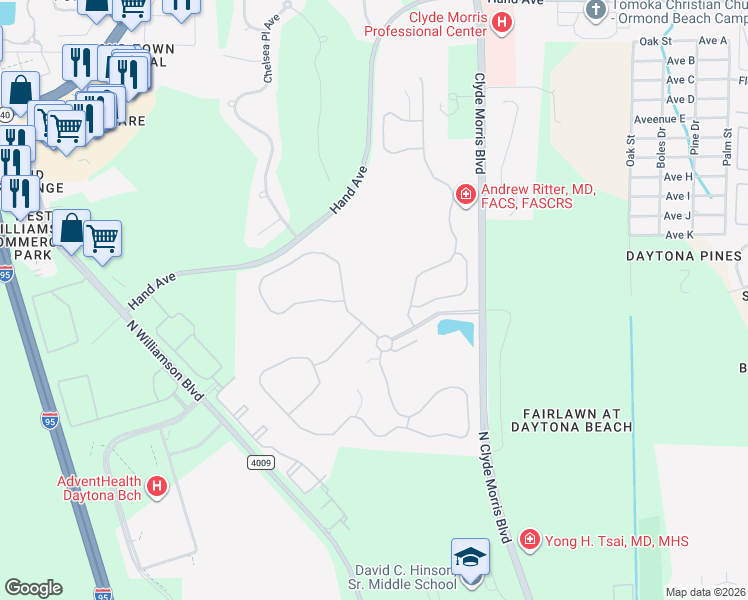 map of restaurants, bars, coffee shops, grocery stores, and more near 96 Green Forest Drive in Ormond Beach