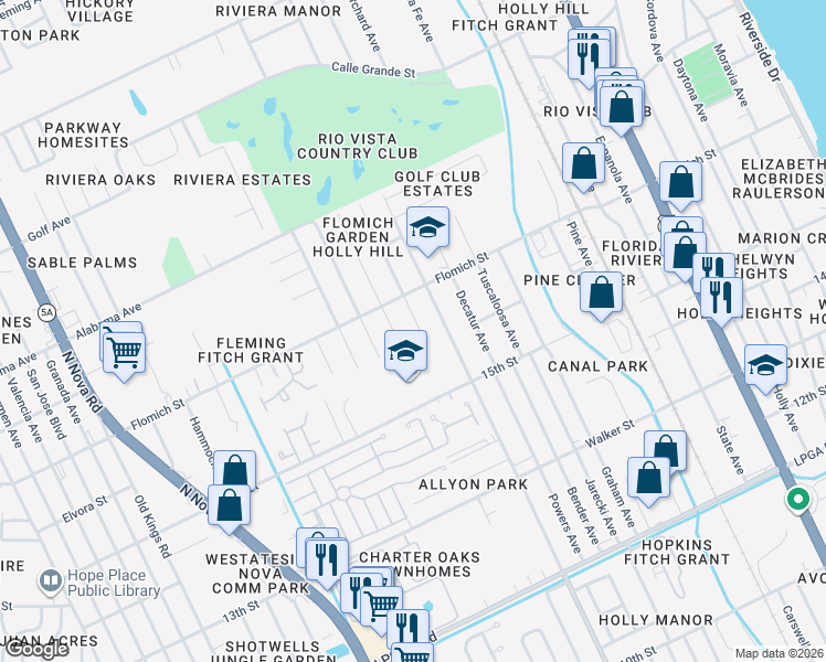 map of restaurants, bars, coffee shops, grocery stores, and more near 1566 Birmingham Avenue in Daytona Beach