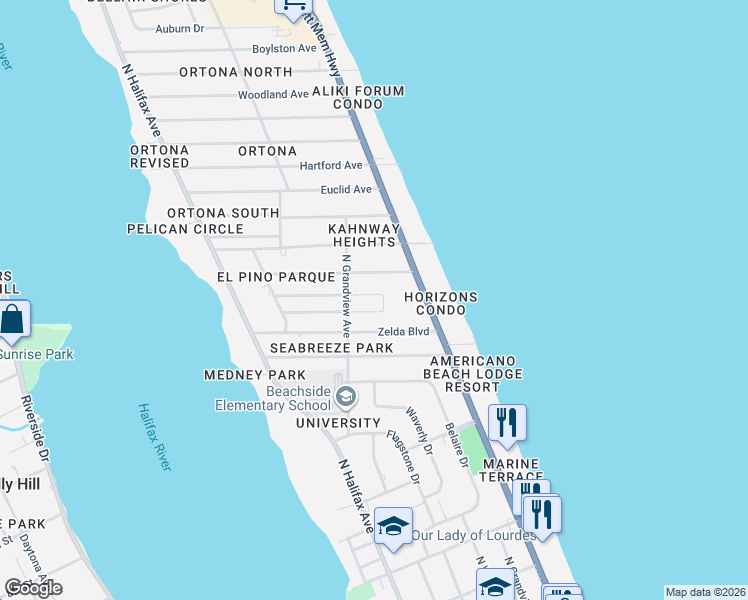 map of restaurants, bars, coffee shops, grocery stores, and more near 410 Flushing Avenue in Daytona Beach