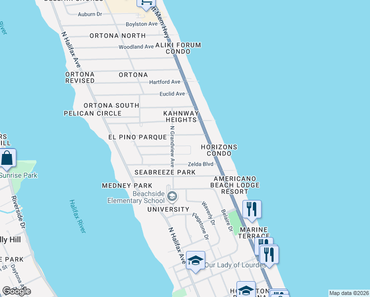 map of restaurants, bars, coffee shops, grocery stores, and more near 410 Flushing Avenue in Daytona Beach