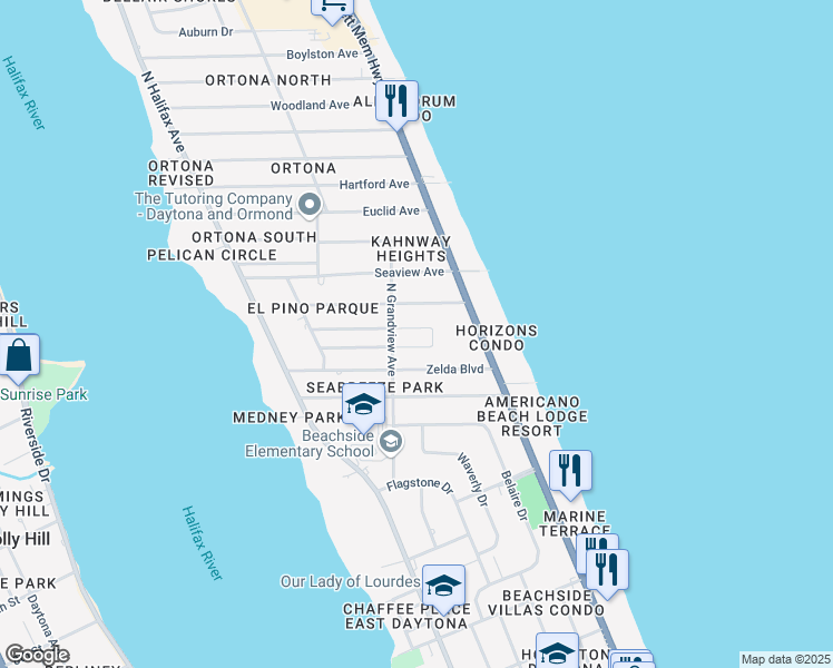 map of restaurants, bars, coffee shops, grocery stores, and more near 410 Flushing Avenue in Daytona Beach