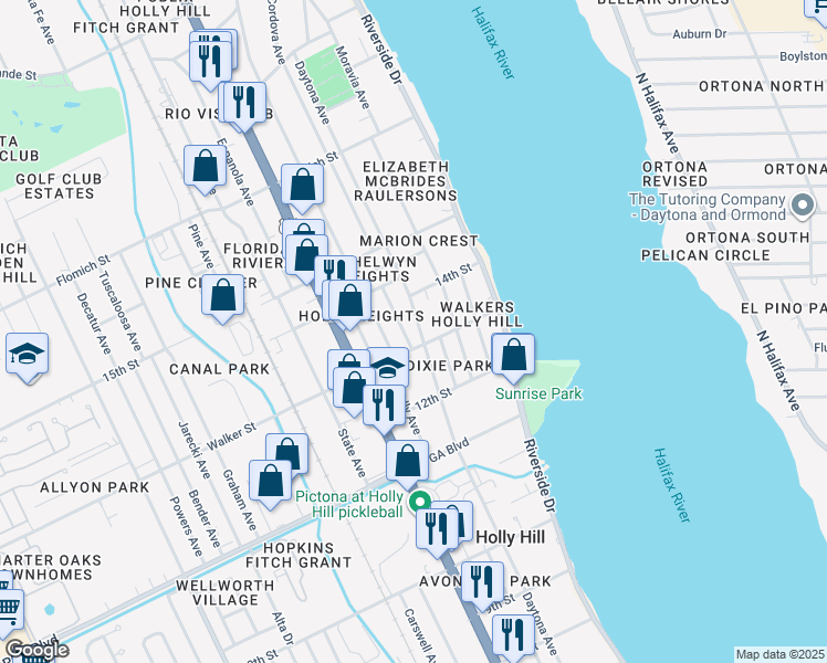 map of restaurants, bars, coffee shops, grocery stores, and more near 226 Walker Street in Daytona Beach