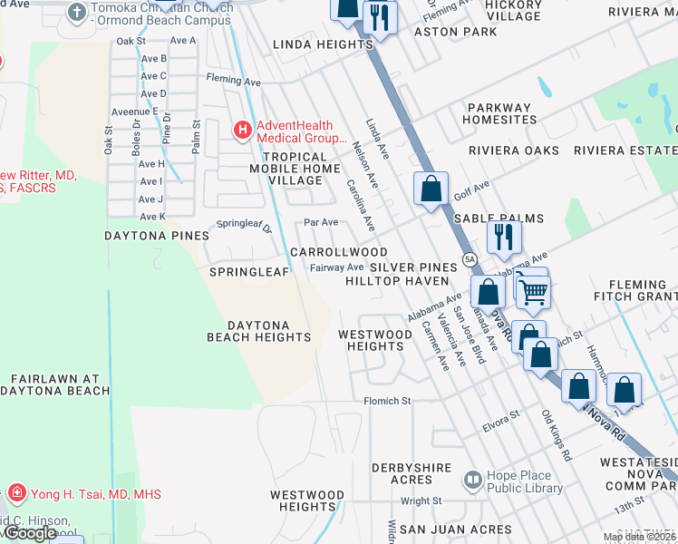 map of restaurants, bars, coffee shops, grocery stores, and more near 1325 Fairway Avenue in Ormond Beach