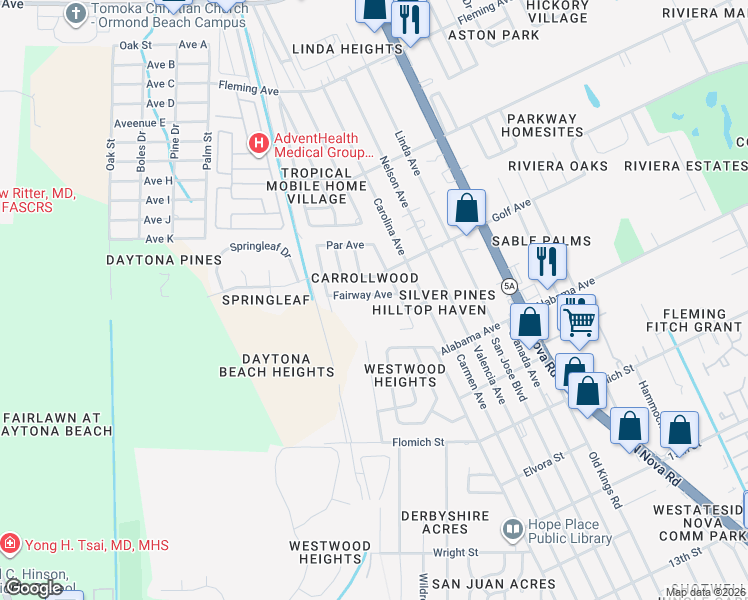 map of restaurants, bars, coffee shops, grocery stores, and more near 1325 Fairway Avenue in Ormond Beach