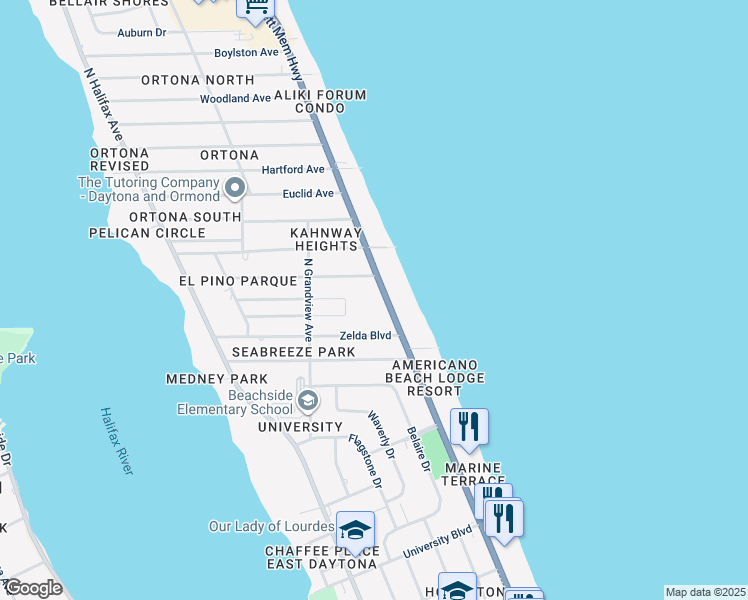 map of restaurants, bars, coffee shops, grocery stores, and more near 445 Zelda Boulevard in Daytona Beach