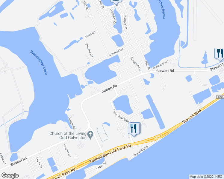 map of restaurants, bars, coffee shops, grocery stores, and more near 3533 Cove View Boulevard in Galveston