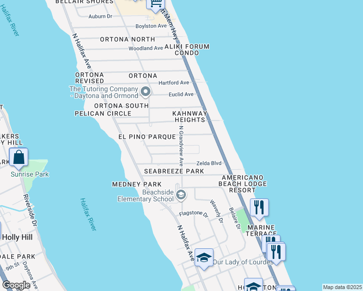 map of restaurants, bars, coffee shops, grocery stores, and more near 1439 North Grandview Avenue in Daytona Beach