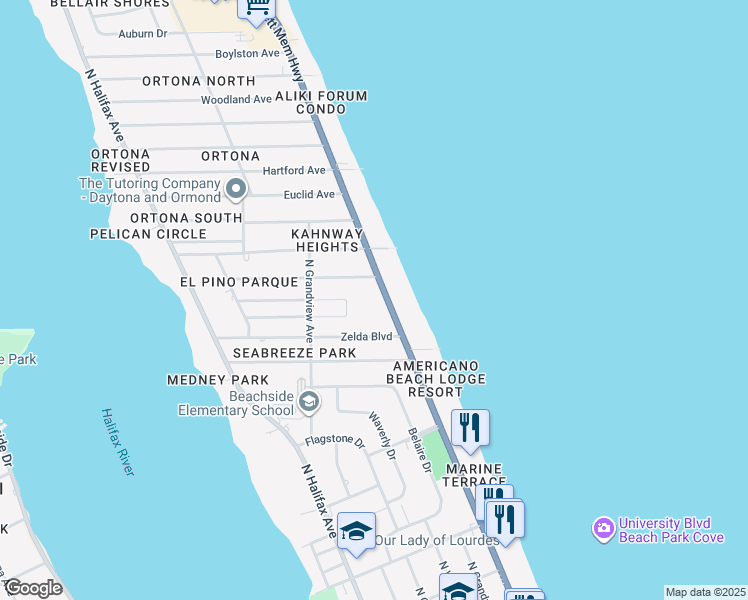 map of restaurants, bars, coffee shops, grocery stores, and more near 445 Zelda Boulevard in Daytona Beach