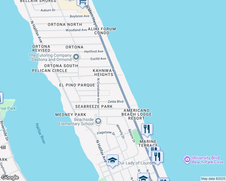map of restaurants, bars, coffee shops, grocery stores, and more near 445 Zelda Boulevard in Daytona Beach