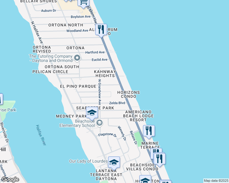 map of restaurants, bars, coffee shops, grocery stores, and more near 445 Zelda Boulevard in Daytona Beach