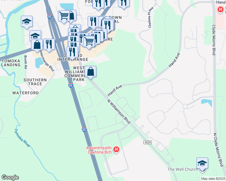 map of restaurants, bars, coffee shops, grocery stores, and more near 1413-1485 Hand Avenue in Ormond Beach