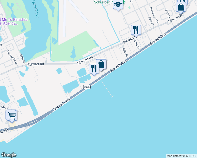 map of restaurants, bars, coffee shops, grocery stores, and more near 13072 Seawall Boulevard in Galveston