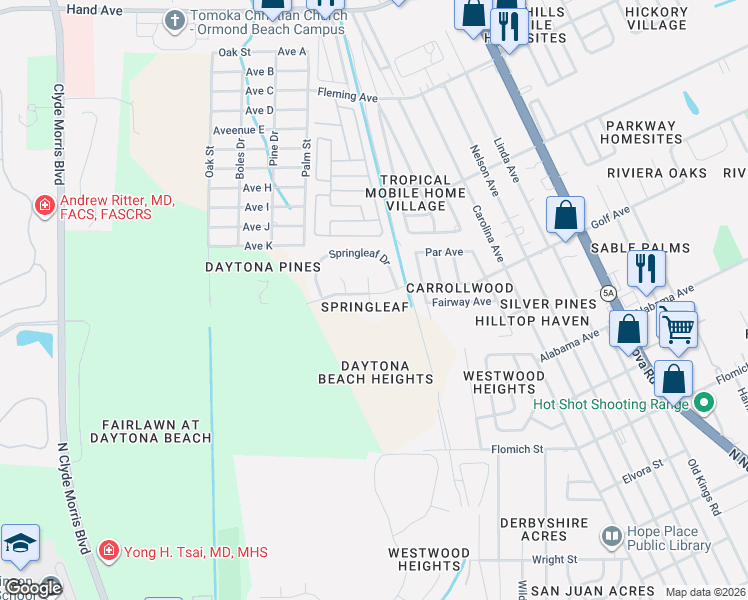 map of restaurants, bars, coffee shops, grocery stores, and more near 1804 Cherry Laurel Drive in Ormond Beach