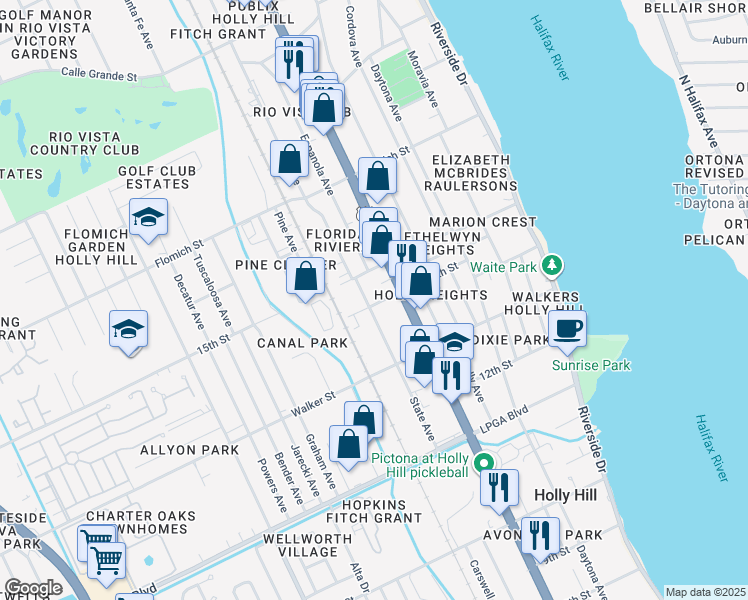 map of restaurants, bars, coffee shops, grocery stores, and more near 1414 State Avenue in Daytona Beach