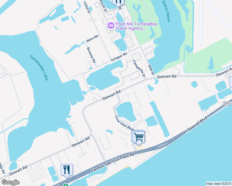 map of restaurants, bars, coffee shops, grocery stores, and more near 4333 Cove View Boulevard in Galveston