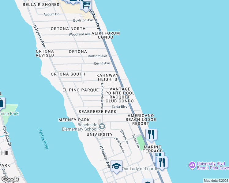 map of restaurants, bars, coffee shops, grocery stores, and more near 452 Nautilus Avenue in Daytona Beach