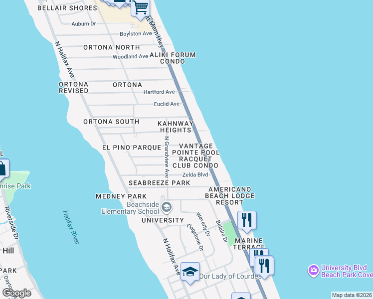 map of restaurants, bars, coffee shops, grocery stores, and more near 452 Nautilus Avenue in Daytona Beach