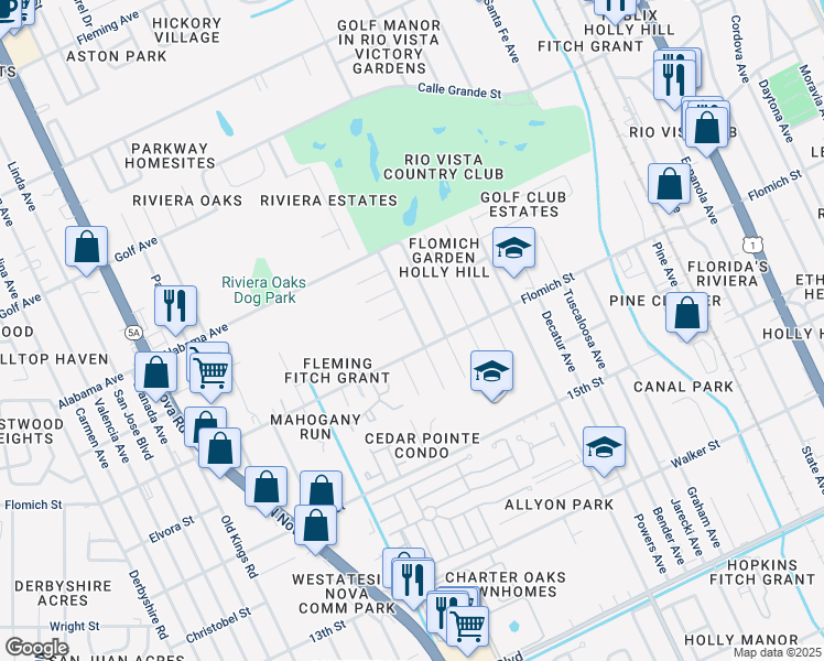 map of restaurants, bars, coffee shops, grocery stores, and more near 1620 Anniston Avenue in Holly Hill