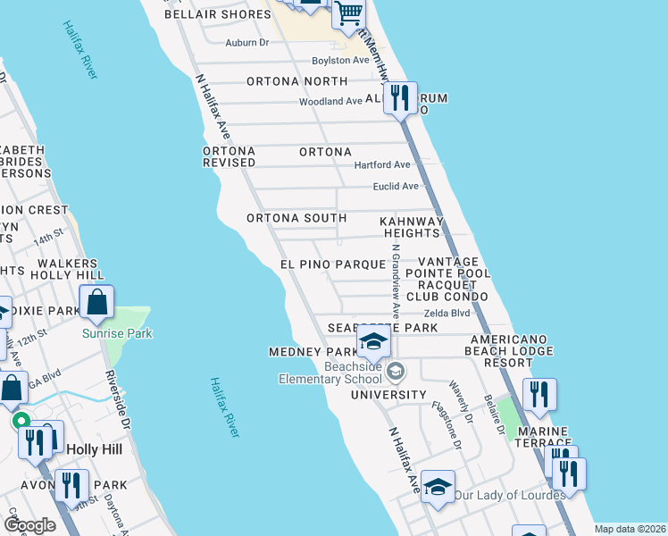 map of restaurants, bars, coffee shops, grocery stores, and more near 308 Nautilus Avenue in Daytona Beach