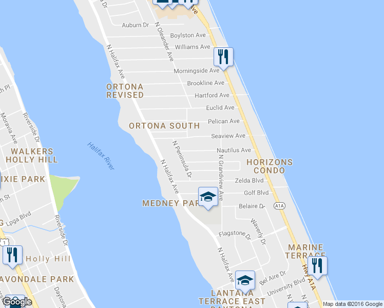 map of restaurants, bars, coffee shops, grocery stores, and more near 308 Nautilus Avenue in Daytona Beach