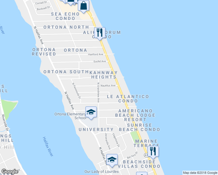 map of restaurants, bars, coffee shops, grocery stores, and more near 452 Nautilus Avenue in Daytona Beach
