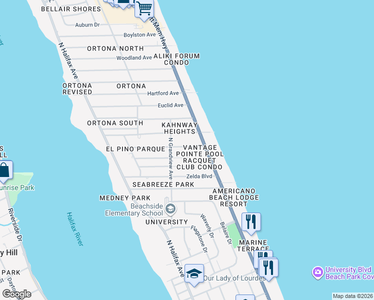 map of restaurants, bars, coffee shops, grocery stores, and more near 452 Nautilus Avenue in Daytona Beach