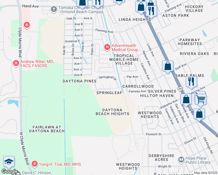 map of restaurants, bars, coffee shops, grocery stores, and more near 1804 Cherry Laurel Drive in Ormond Beach