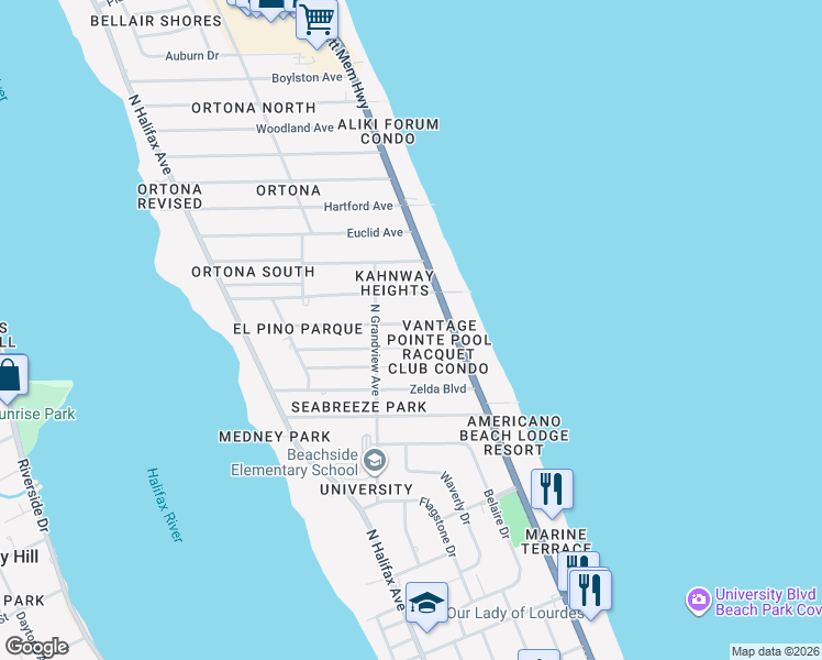 map of restaurants, bars, coffee shops, grocery stores, and more near 452 Nautilus Avenue in Daytona Beach