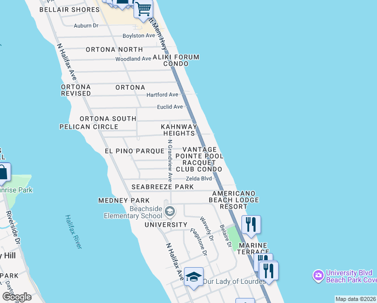 map of restaurants, bars, coffee shops, grocery stores, and more near 452 Nautilus Avenue in Daytona Beach