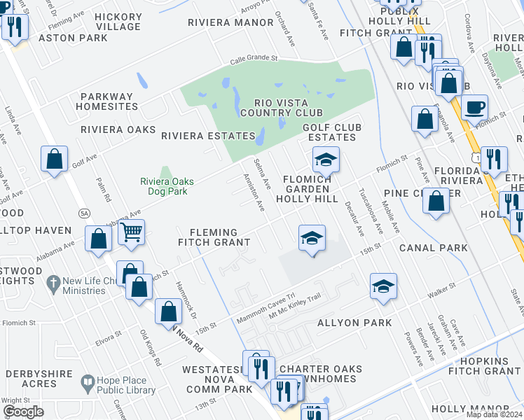 map of restaurants, bars, coffee shops, grocery stores, and more near 1622 Anniston Avenue in Holly Hill