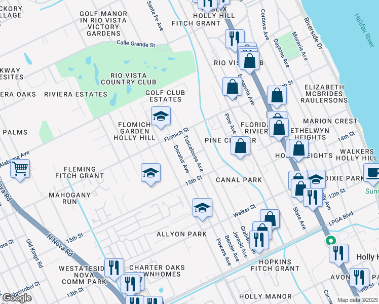 map of restaurants, bars, coffee shops, grocery stores, and more near 1552 Tuscaloosa Avenue in Daytona Beach