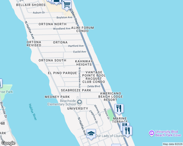map of restaurants, bars, coffee shops, grocery stores, and more near 452 Nautilus Avenue in Daytona Beach