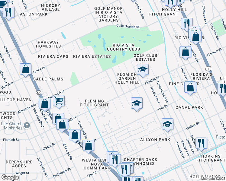 map of restaurants, bars, coffee shops, grocery stores, and more near 905 Royal Oak Court in Holly Hill
