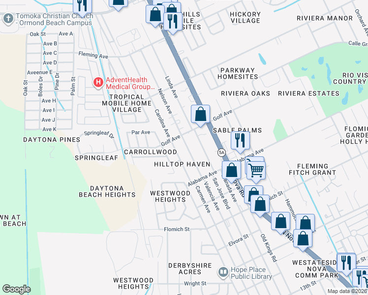 map of restaurants, bars, coffee shops, grocery stores, and more near 1756 Valencia Avenue in Ormond Beach