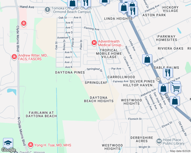 map of restaurants, bars, coffee shops, grocery stores, and more near 1804 Cherry Laurel Drive in Ormond Beach