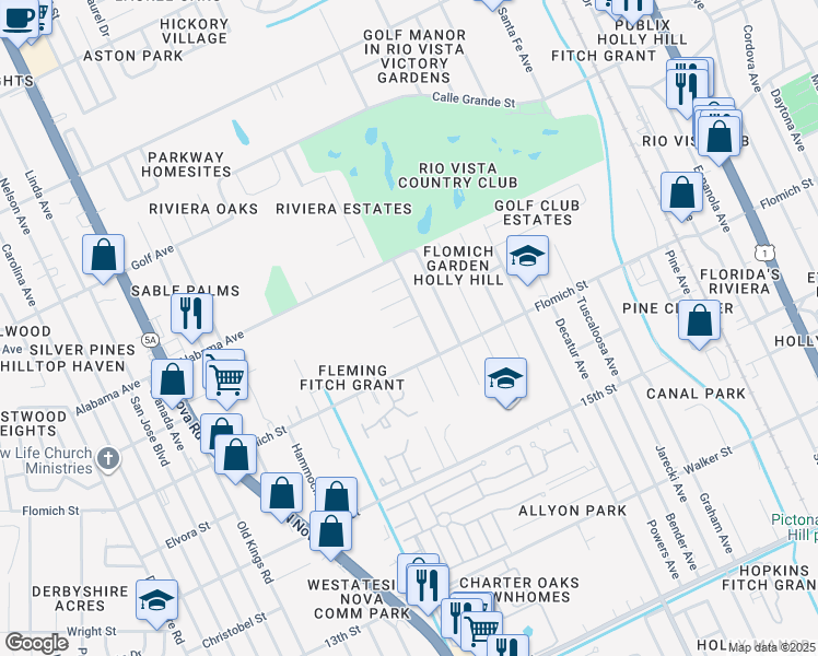 map of restaurants, bars, coffee shops, grocery stores, and more near 905 Royal Oak Court in Holly Hill