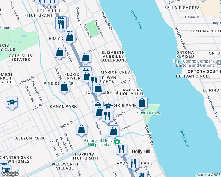 map of restaurants, bars, coffee shops, grocery stores, and more near 1347 Hiawatha Avenue in Daytona Beach