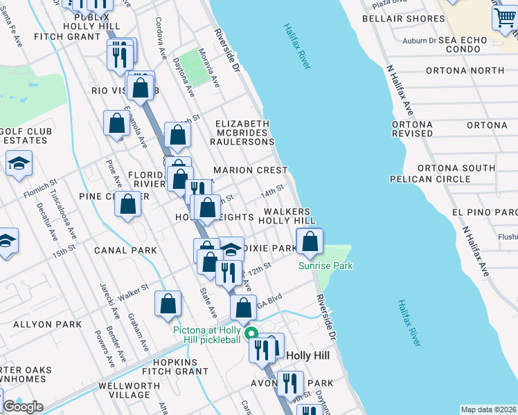 map of restaurants, bars, coffee shops, grocery stores, and more near 161 14th Street in Daytona Beach