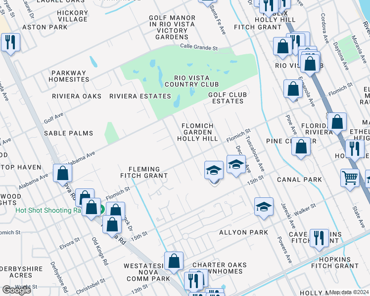map of restaurants, bars, coffee shops, grocery stores, and more near 1606 Selma Avenue in Holly Hill