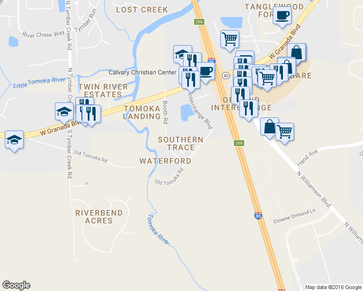 map of restaurants, bars, coffee shops, grocery stores, and more near 9 Southern Trace Boulevard in Ormond Beach