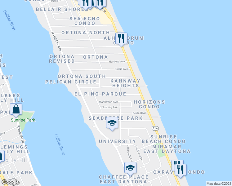 map of restaurants, bars, coffee shops, grocery stores, and more near 351 Nautilus Avenue in Daytona Beach