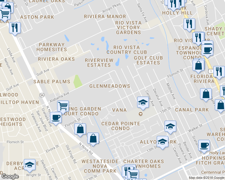 map of restaurants, bars, coffee shops, grocery stores, and more near 906 Royal Oak Court in Daytona Beach