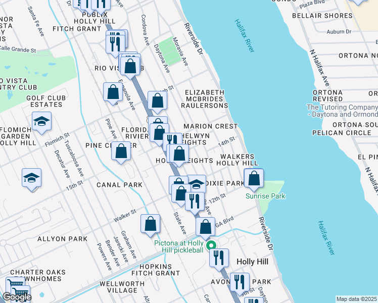 map of restaurants, bars, coffee shops, grocery stores, and more near 1365 Holly Avenue in Daytona Beach