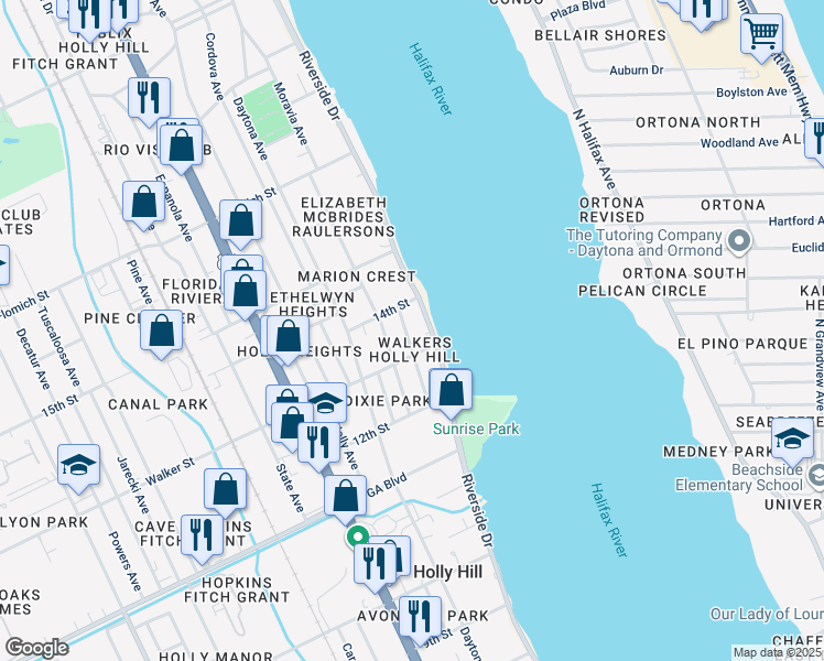 map of restaurants, bars, coffee shops, grocery stores, and more near 1321 Florence Court in Daytona Beach