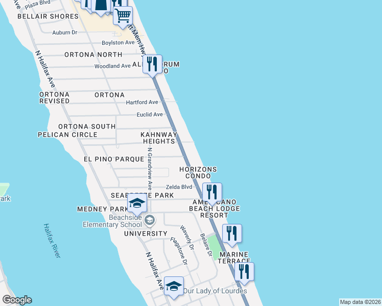 map of restaurants, bars, coffee shops, grocery stores, and more near 1456 North Atlantic Avenue in Daytona Beach