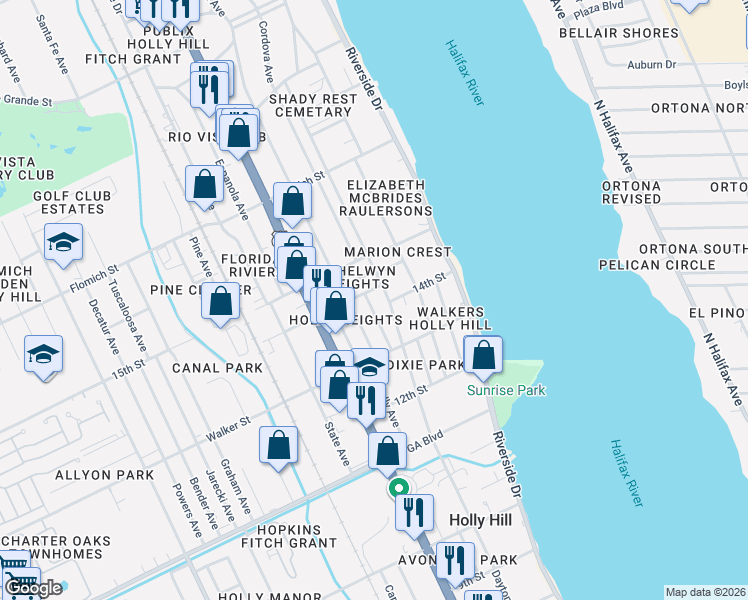 map of restaurants, bars, coffee shops, grocery stores, and more near 1347 Hiawatha Avenue in Daytona Beach