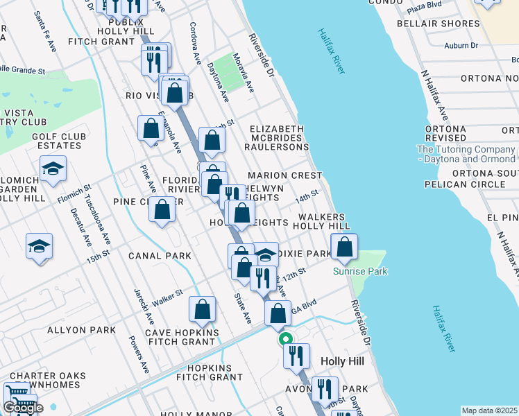 map of restaurants, bars, coffee shops, grocery stores, and more near 225 14th Street in Daytona Beach