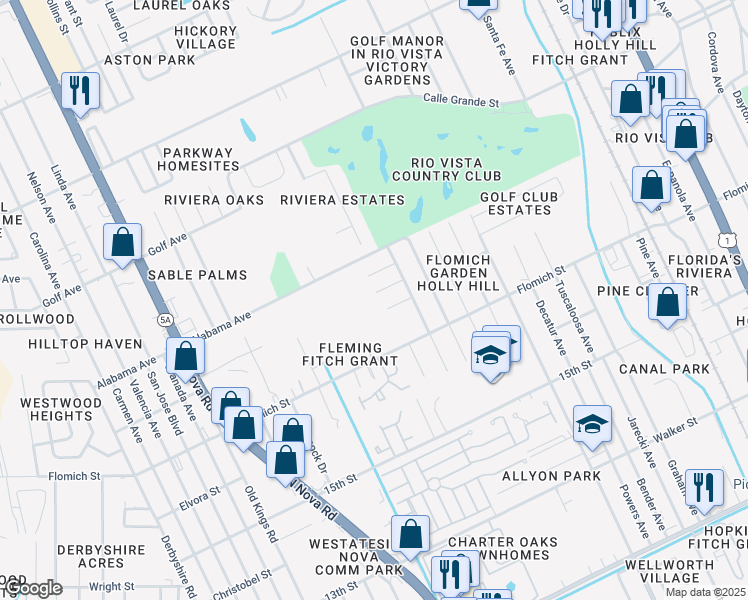 map of restaurants, bars, coffee shops, grocery stores, and more near 917 Kingsport Court in Daytona Beach
