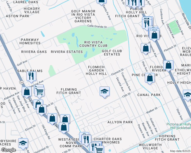 map of restaurants, bars, coffee shops, grocery stores, and more near 1606 Selma Avenue in Holly Hill